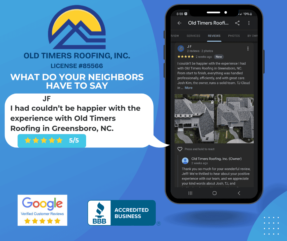 Google review from JF praising Old Timers Roofing