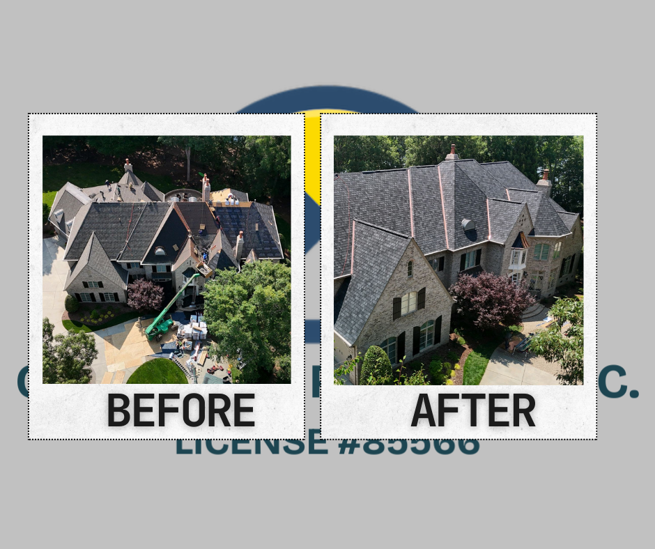 Before and after roof replacement in Greensboro NC featuring Atlas Pinnacle Pristine shingles installed by Old Timers Roofing Inc., showing full storm-damage restoration and upgraded curb appeal.